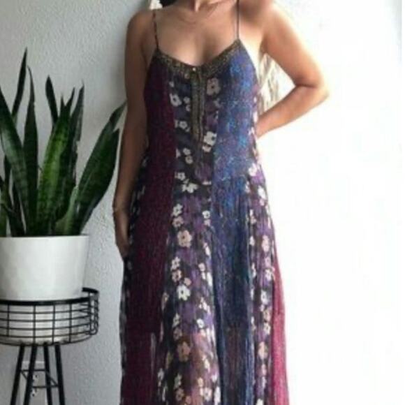 Free People Patchwork Panel Paneled Boho Bohemian Beaded Dress - Picture 1 of 8